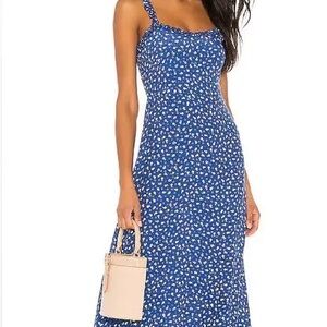 Faithfull the Brand Blue Midi Dress with White Floral Print